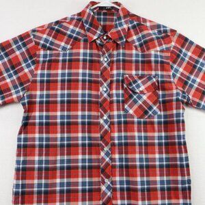 Vigoss Jeans Shirt Mens Large Pearl Snap Plaid Red White Blue Short Sleeve